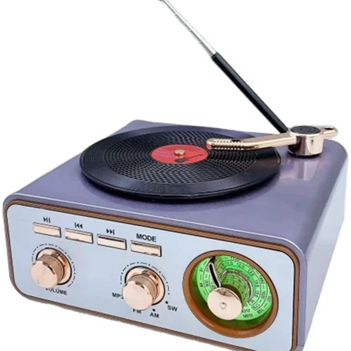 Metalik Nostaljik Tasarım Plak Çalar Görünümlü Radyolu Bluetooth Hoparlör Retro Müzik Plak