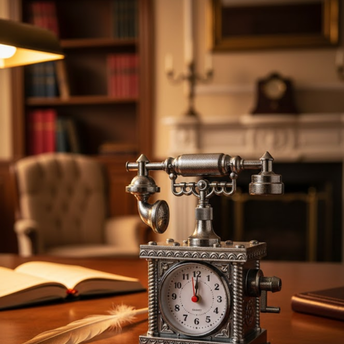 Vintage Telefon Tasarımlı Masa Saati ve Çalar Saat Dekoratif Model