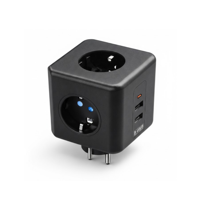 Akım ve Voltaj Korumalı Küp Priz 3 USB Destekli