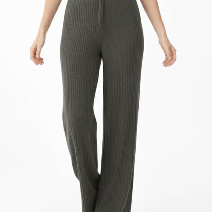 Kadın Haki Yüksek Bel Fitilli Örme Bağcıklı Esnek Likralı Geniş Paça Pantolon