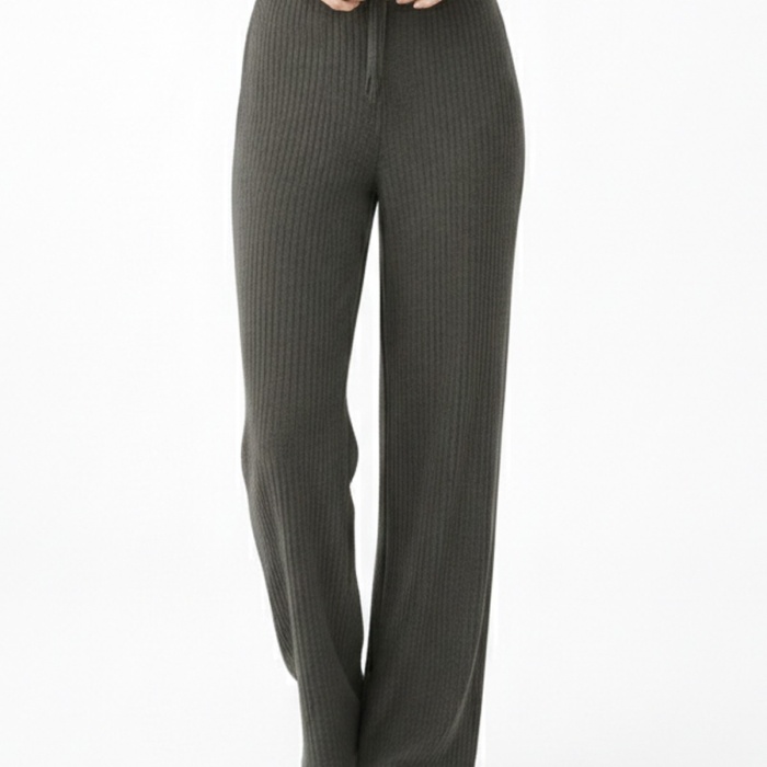 Kadın Haki Yüksek Bel Fitilli Örme Bağcıklı Esnek Likralı Geniş Paça Pantolon