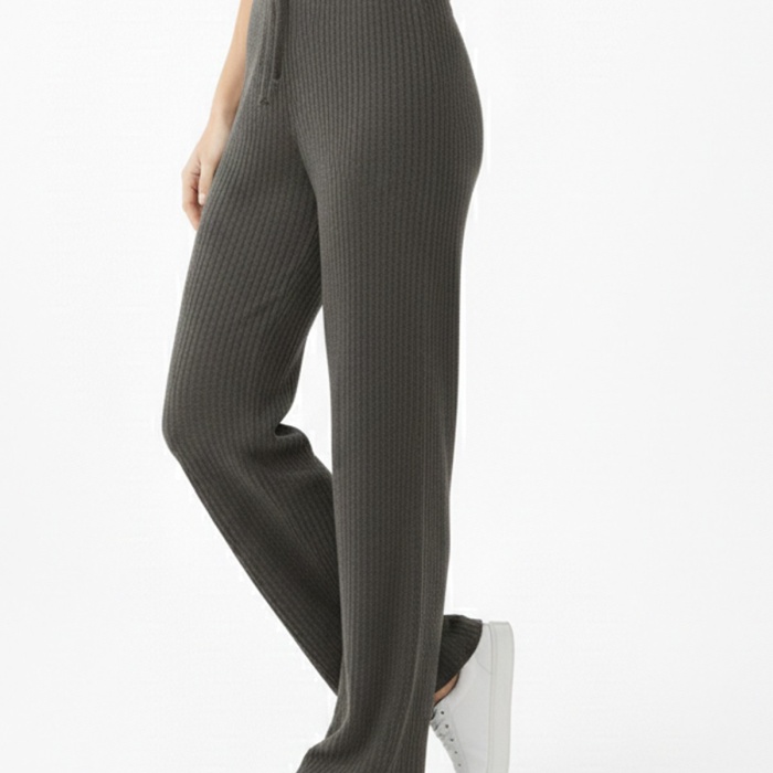 Kadın Haki Yüksek Bel Fitilli Örme Bağcıklı Esnek Likralı Geniş Paça Pantolon