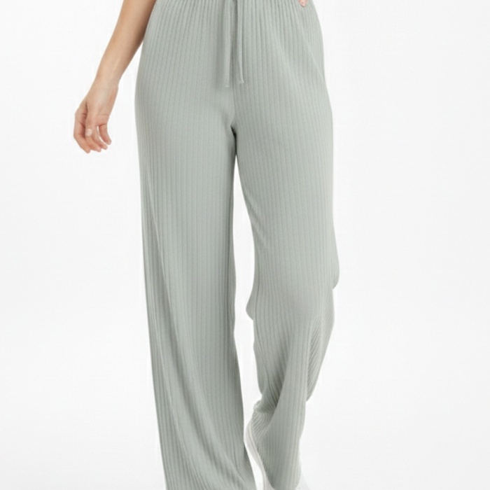 Kadın Mint Yüksek Bel Fitilli Örme Bağcıklı Esnek Likralı Geniş Paça Pantolon