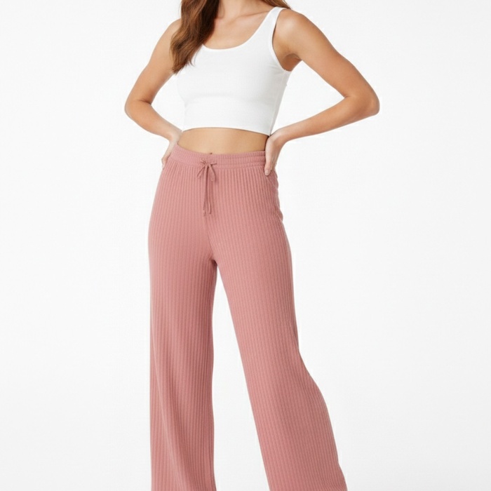 Kadın Pembe Yüksek Bel Fitilli Örme Bağcıklı Esnek Likralı Geniş Paça Pantolon
