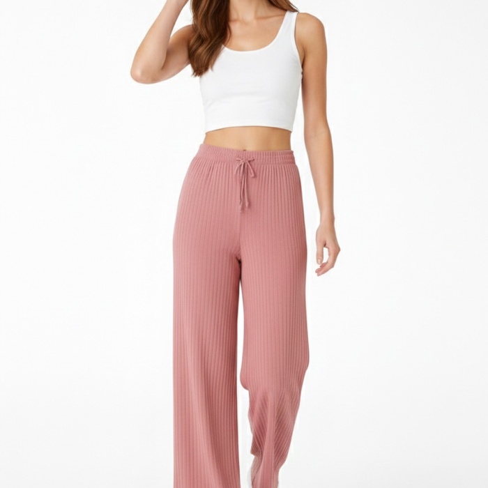 Kadın Pembe Yüksek Bel Fitilli Örme Bağcıklı Esnek Likralı Geniş Paça Pantolon