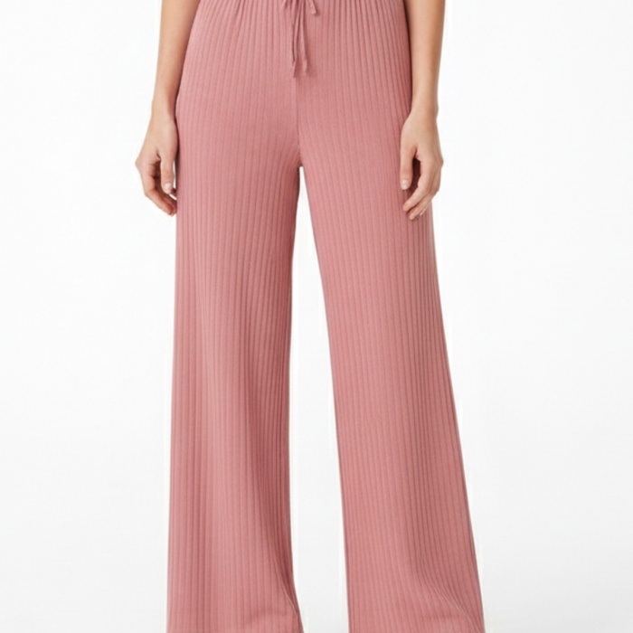 Kadın Pembe Yüksek Bel Fitilli Örme Bağcıklı Esnek Likralı Geniş Paça Pantolon