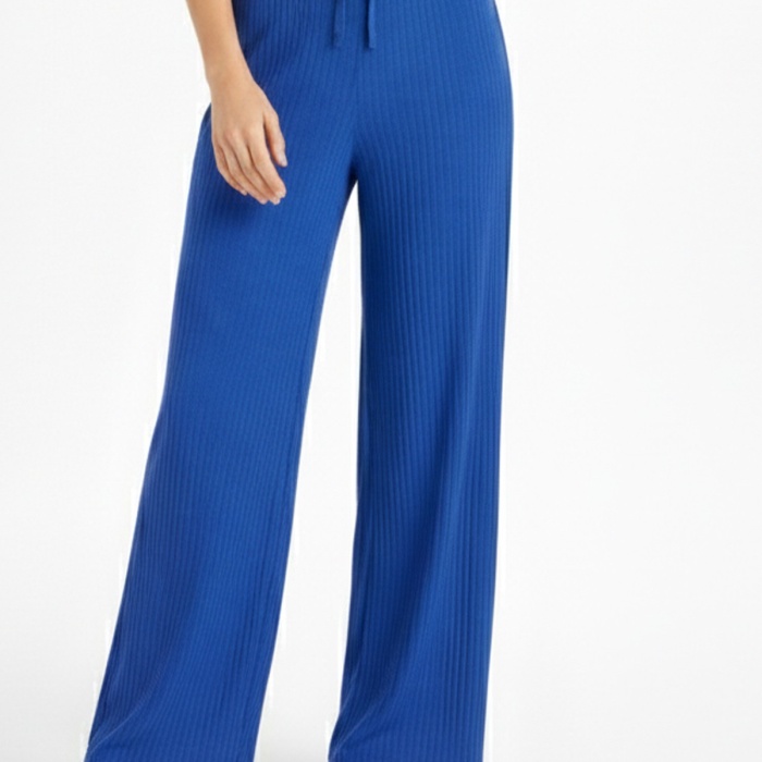 Kadın Saks Mavi Yüksek Bel Fitilli Örme Bağcıklı Esnek Likralı Geniş Paça Pantolon