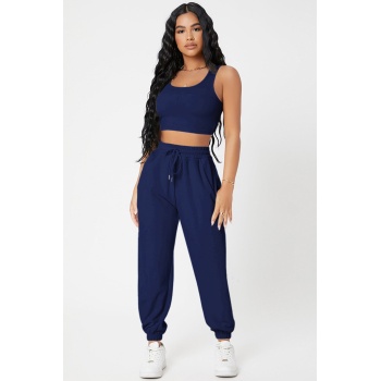 Kadın Lacivert Kaşkorse Cepli Jogger Eşofman Altı Ve Crop Top Bluz
