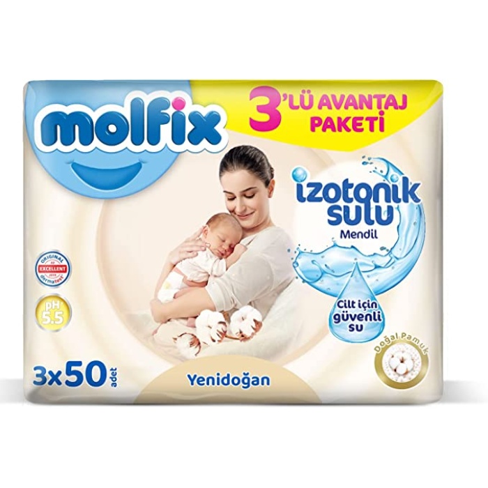 HediyeCantam Molfix Yenidoğan İzotonik Sulu Doğal Pamuk Islak Havlu Mendil 3Lü 150 Yaprak