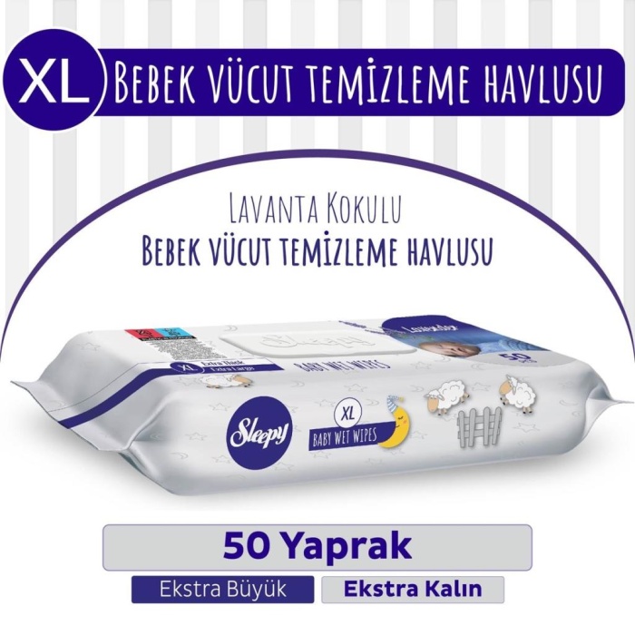 HediyeCantam Sleepy XL Lavanta Kokulu Bebek Vücut Temizleme Mendili 50 Yaprak