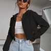 Kadın Siyah Fitted Crop Kapşonlu Zip Fermuarlı Polar Hırka Sweatshirt