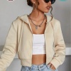Kadın Krem Crop Fitted Kapşonlu Zip Fermuarlı Polar Hırka Sweatshirt