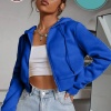Kadın Saks Mavi Crop Fitted Kapşonlu Zip Fermuarlı Polar Hırka Sweatshirt
