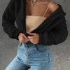 Kadın Siyah Peluş Crop Fitted Kapşonlu Zip Fermuarlı Polar Hırka Sweatshirt