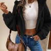 Kadın Siyah Peluş Crop Fitted Kapşonlu Zip Fermuarlı Polar Hırka Sweatshirt