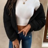 Kadın Siyah Peluş Crop Fitted Kapşonlu Zip Fermuarlı Polar Hırka Sweatshirt