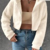 Kadın Kırık Beyaz Peluş Crop Fitted Kapşonlu Zip Fermuarlı Polar Hırka Sweatshirt