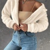 Kadın Kırık Beyaz Peluş Crop Fitted Kapşonlu Zip Fermuarlı Polar Hırka Sweatshirt