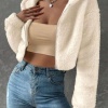 Kadın Kırık Beyaz Peluş Crop Fitted Kapşonlu Zip Fermuarlı Polar Hırka Sweatshirt