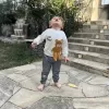 Ayıcık Sallanan Ayak Desenli Likra Penye Kumaş Sweat Pantolonlu Kız Erkek 2li Çocuk Takımı Ekru