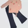 Kot Pantolonlu Kiraz Desenli Penye Sweat Uzun Kollu 2li Kız Çocuk Takımı Pudra
