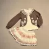 Brode Etekli Örme Hırkalı Uzun Kollu Sweat 3lü Kız Çocuk Takımı Kahverengi