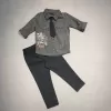 Kravatlı Keten Gömlek Gabardin Pantolon Uzun Kollu 3lü Erkek Çocuk Takımı Siyah