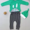 Şımarık Tavşan Nakışlı Şapkalı Uzun Kollu Sweat 3lü Kız-erkek Bebek Takımı Yeşil