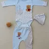 Romantik Aayıcık Nakışlı Şapkalı Uzun Kollu Zıbınlı 3lü Kız-erkek Bebek Takımı Mavi
