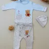 Romantik Ayıcık Nakışlı Şapkalı Uzun Kollu Sweatli 3lü Kız-erkek Bebek Takımı Mavi