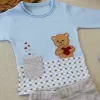 Romantik Ayıcık Nakışlı Şapkalı Uzun Kollu Sweatli 3lü Kız-erkek Bebek Takımı Mavi