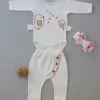 Şarkıcı Kuşlar Nakışlı Bandanalı Uzun Kollu Zıbınlı 3lü Kız Bebek Takımı Ekru