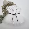 Petli Kedicik Baskılı Puantiyeli Kız Bebek Elbisesi Beyaz