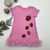Petli Çilekler Nakışlı Eteği Fırfırlı Jile Kız Çocuk Elbisesi Pembe