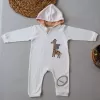 Ef Çizgi Boy Fermuarlı Zürafa Nakışlı Kapşonlu Kız Erkek Bebek Tulumu Ekru