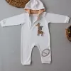 Ef Çizgi Boy Fermuarlı Zürafa Nakışlı Kapşonlu Kız Erkek Bebek Tulumu Ekru