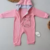 Ef Çizgi Boy Fermuarlı Tavşan Nakışlı Kapşonlu Kız Erkek Bebek Tulumu Pembe