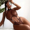 Kadın Seksi Leopar Desen Kahverengi Bodysuit Zincir Aksesuarlı Özel Gece Giyim Babydoll