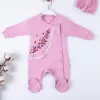 Çiçek Nakışlı Şapkalı % 100 Pamuk Kız Bebek Tulumu