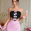 Kadın Pembe Ekose Etekli Seksi Kostüm