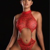 Kadın Seksi Kırmızı Leopar Desen Zincir Detaylı Babydoll