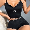 Kadın Siyah Fitilli Askılı Şortlu Pijama Takım