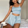 Kadın Mavi Çizgilidesenli Askılı Şortlu Pijama Takım