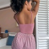 Kadın Pembe Çizgili Desen Askılı Şortlu Pijama Takım