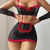 5 Parça Kırmızı Siyah Dantel Çiçek Desen Hizmetçi Model Özel Fantazi Tanga Hediyeli