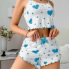 Kadınbeyaz Mavi Kalp Desenli Askılı Şortlu Pijama Takım