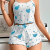 Kadınbeyaz Mavi Kalp Desenli Askılı Şortlu Pijama Takım