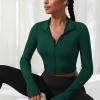 Kadın Yeşil Uzun Kol Fermuarlı Parmak Geçme Detaylı Dik Yaka Crop Top Bluz