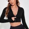 Kadın Siyah Uzun Kol Fermuarlı Parmak Geçme Detaylı Dik Yaka Crop Top Bluz