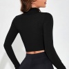 Kadın Siyah Uzun Kol Fermuarlı Parmak Geçme Detaylı Dik Yaka Crop Top Bluz